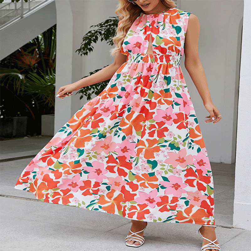 Women's Sleeveless Floral Print Halter Maxi Dress with Waist Tie