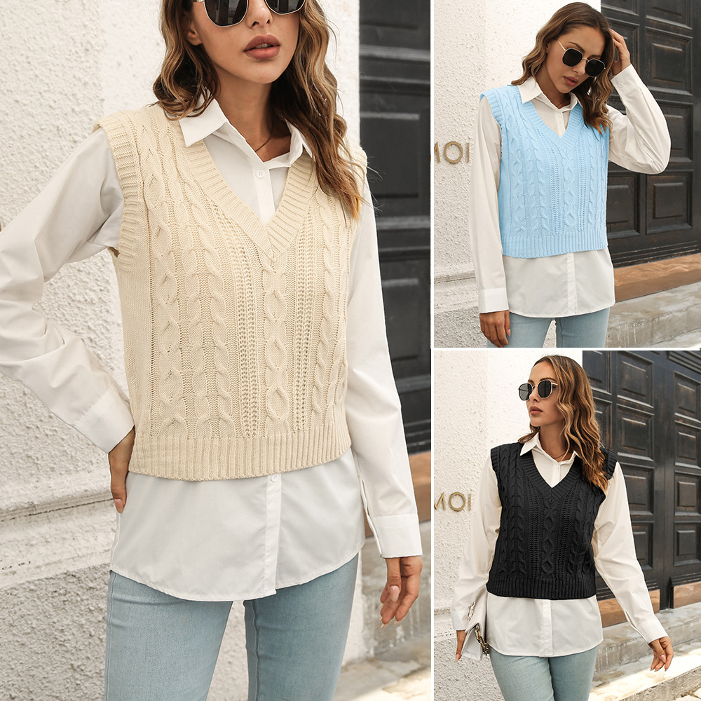 Cable-Knit Sweater Vest for Women V-Neck Sleeveless Knit Top