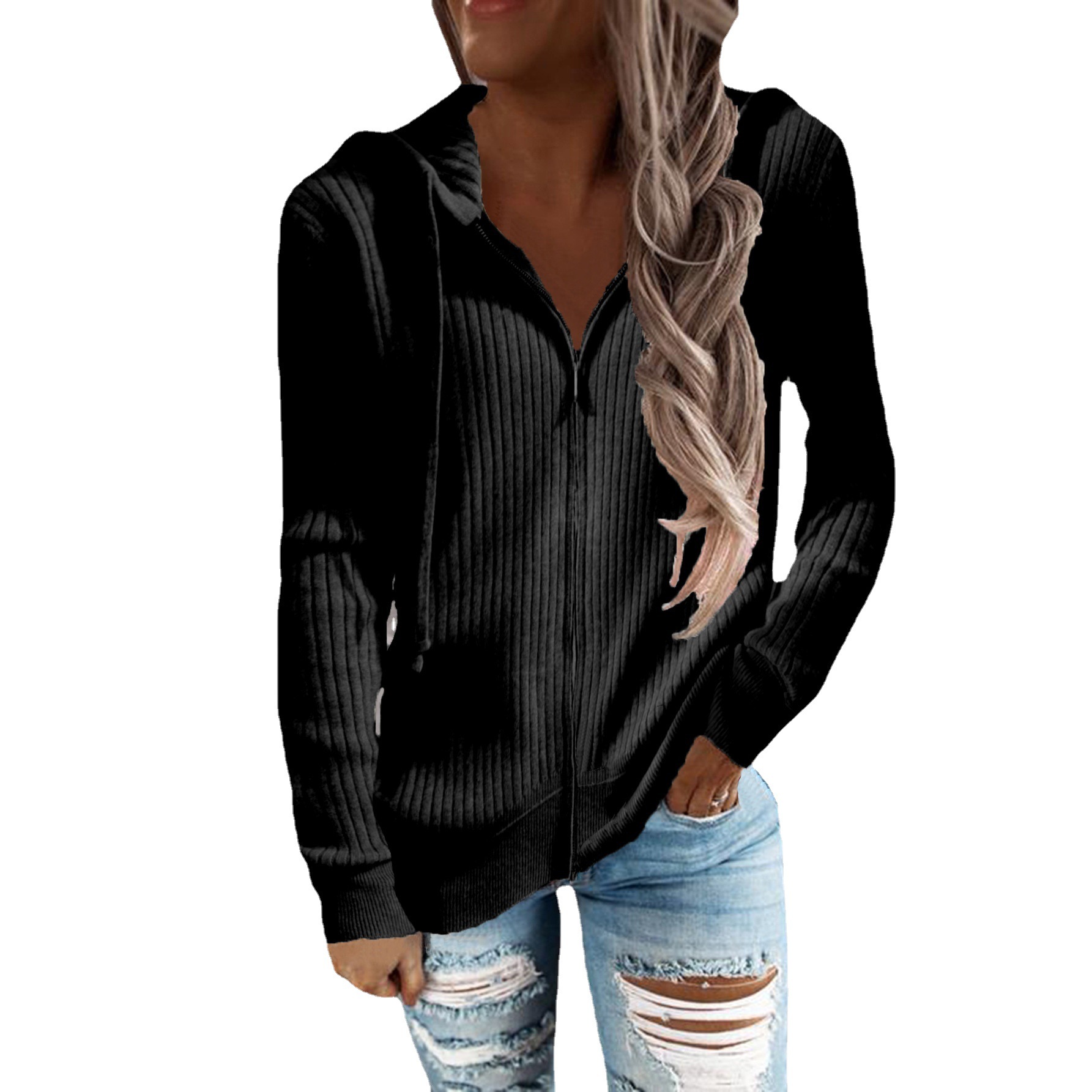 Striped Hooded Zip-Up Cardigan Sweater Women Loose Knit Long Sleeve
