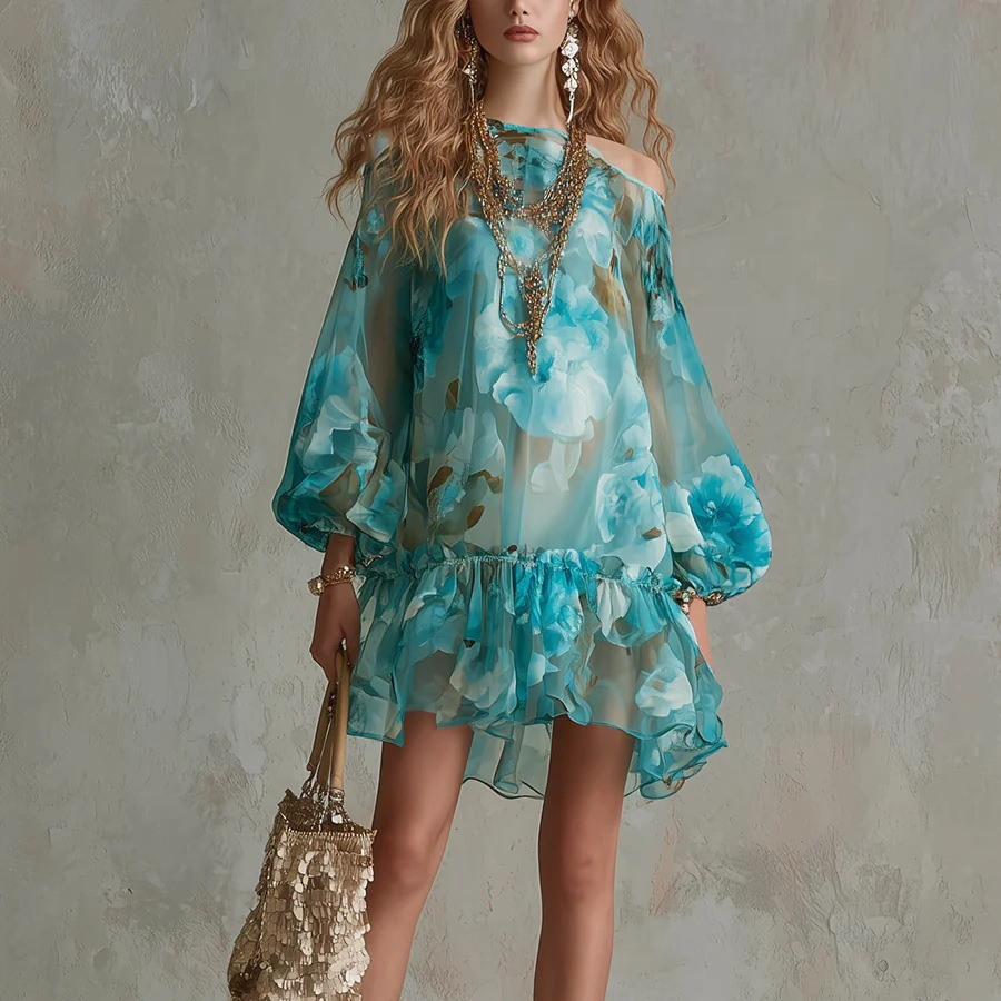 Lake Blue Watercolor Floral Off-Shoulder Bubble-Sleeve Ruched Ruffle Vacation Mini Dress