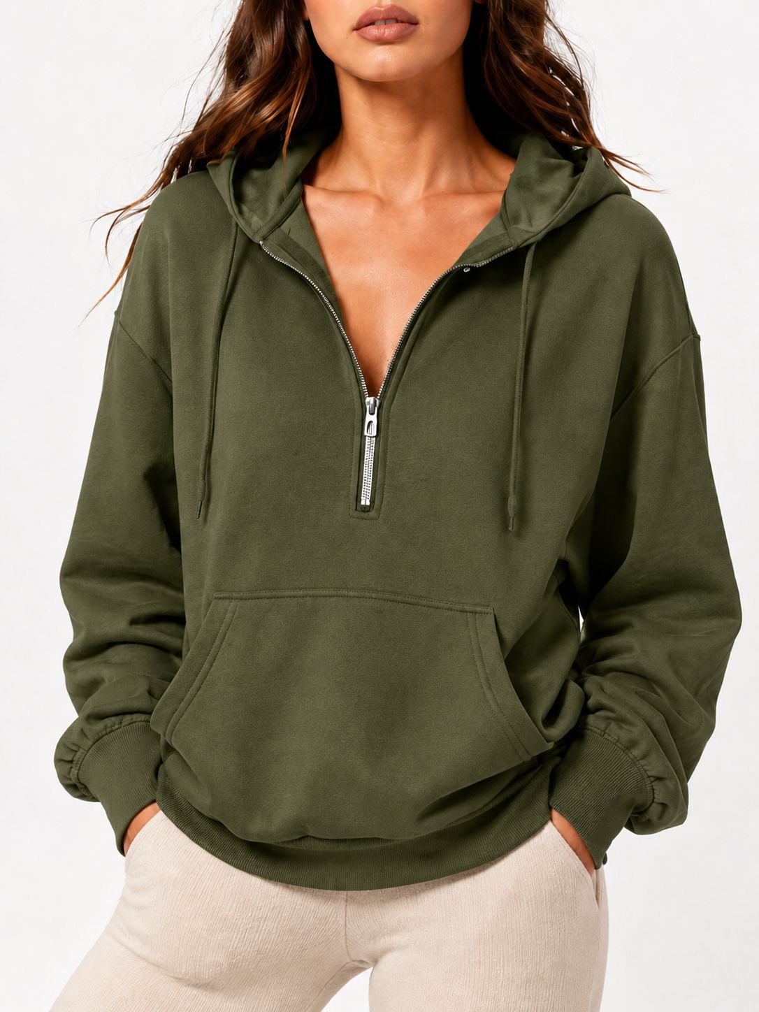 2026 Fall New Cross-Border European and American Loose Hooded Half-Zip Pocket Fall Winter Casual Sweatshirt Women's