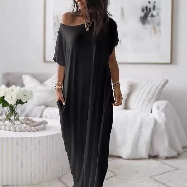 Women's Off-Shoulder Short Sleeve Casual Dress with Pockets