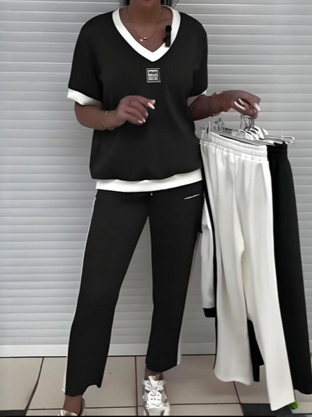 Women's Casual Solid V-Neck Two-Piece Tracksuit Set