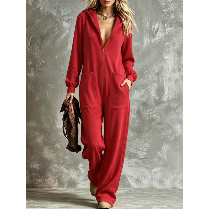 Hooded Full-Zip Loose Straight-Leg Lounge Jumpsuit with Pockets