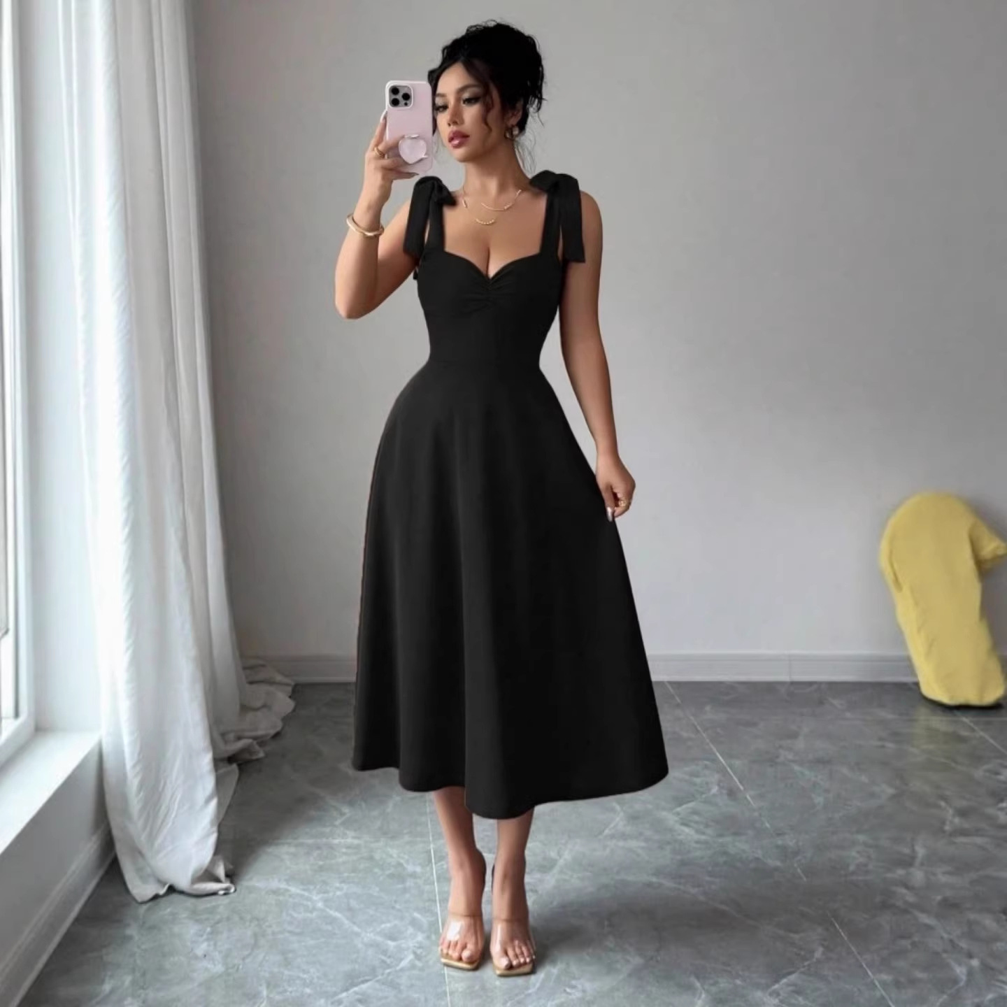 Solid Color Sleeveless Midi Dress with Waist-Cinching A-Line Silhouette