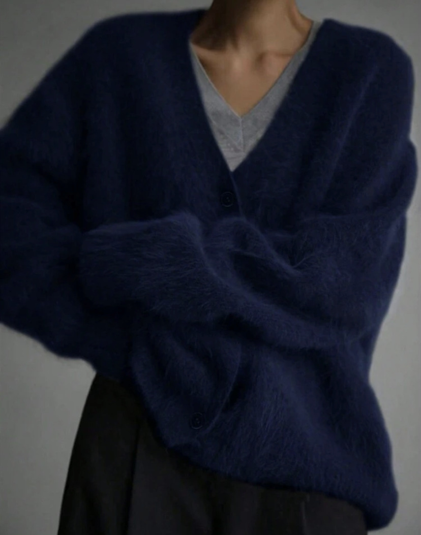 Faux Mink Knit Cardigan Sweater Women's Loose V-Neck Long Sleeve Button Front