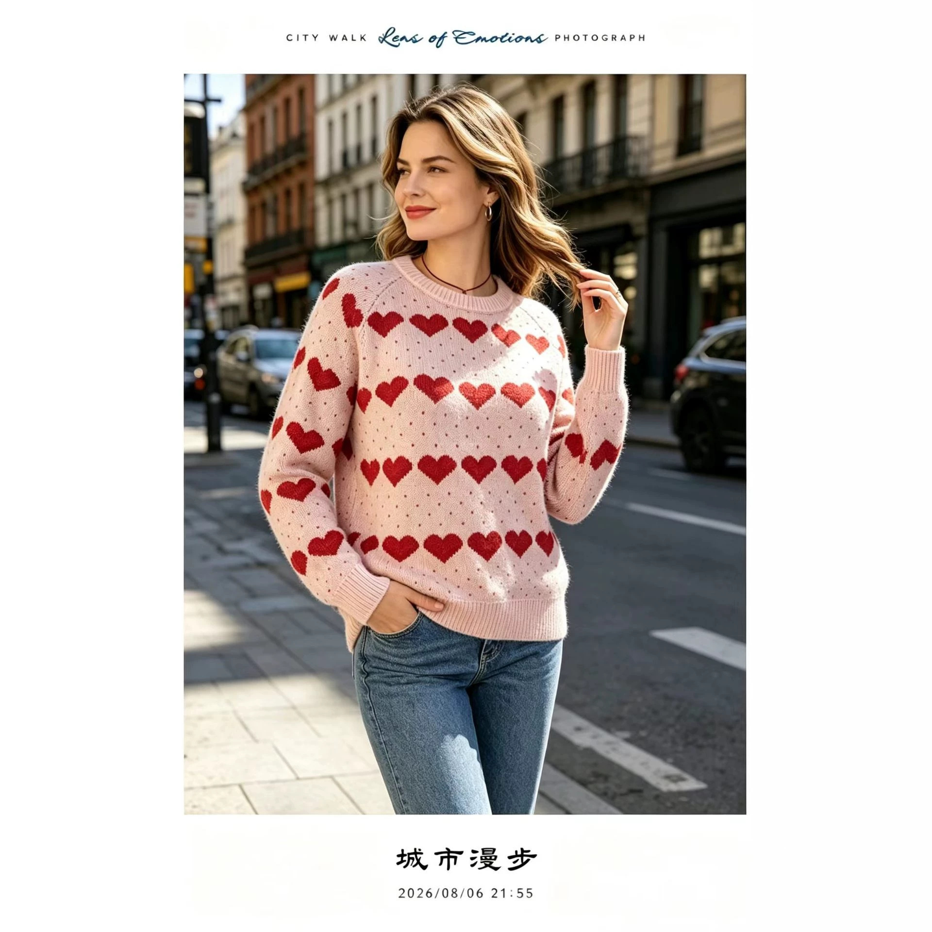 Heart Jacquard Knit Cardigan Wool-Blend V-Neck Loose Casual Sweater