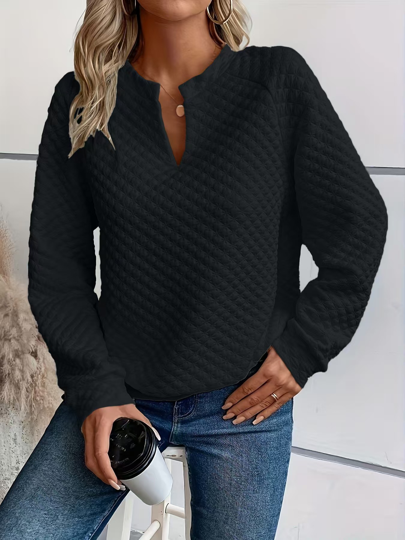 Women's Solid Deep V-Neck Long Sleeve Casual Sweatshirt