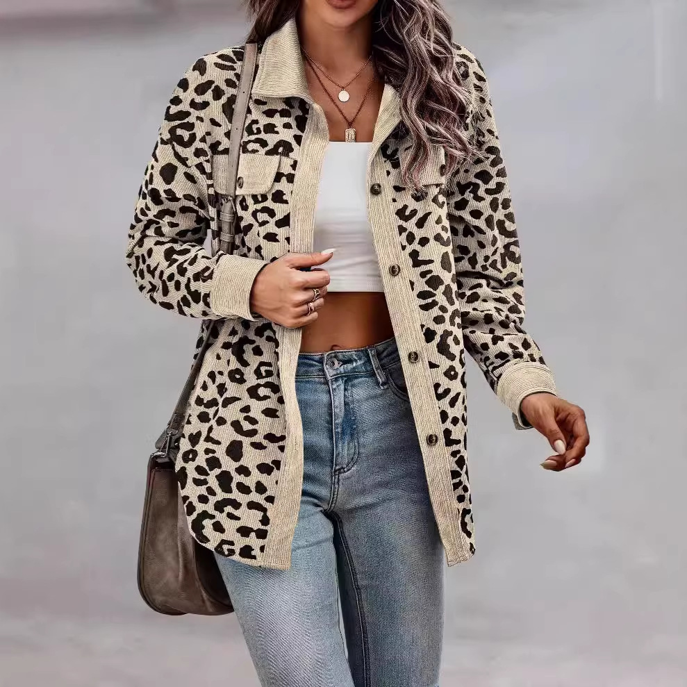 Leopard Print Button-Up Long Sleeve Jacket