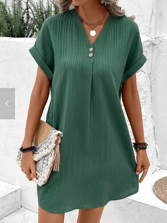 V-Neck Button A-Line Dress Short Sleeve Solid Casual