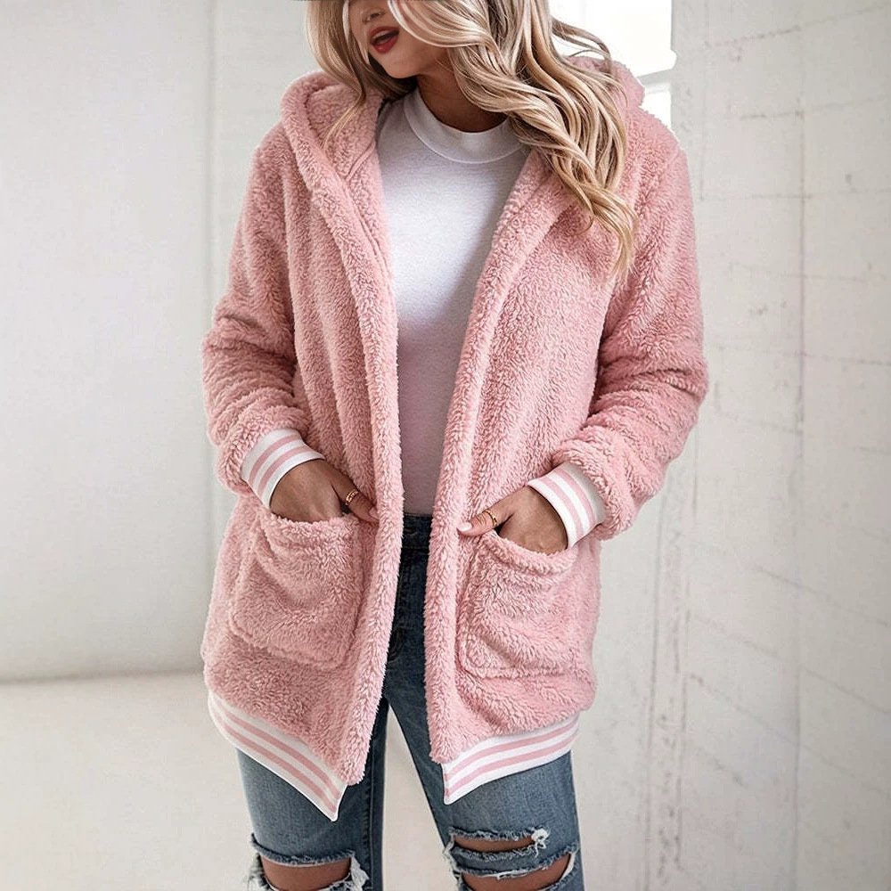 Women's Sherpa Fleece Hooded Jacket Striped Trim