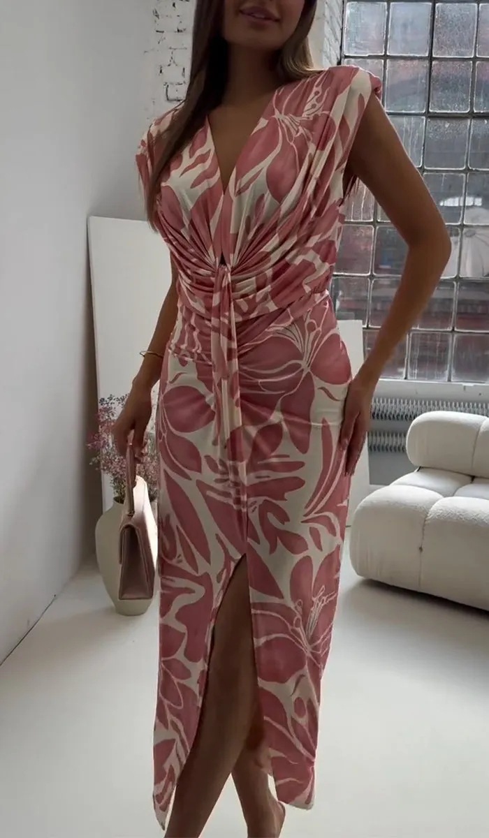 Women's V-Neck Sleeveless Floral Print A-Line Midi Dress