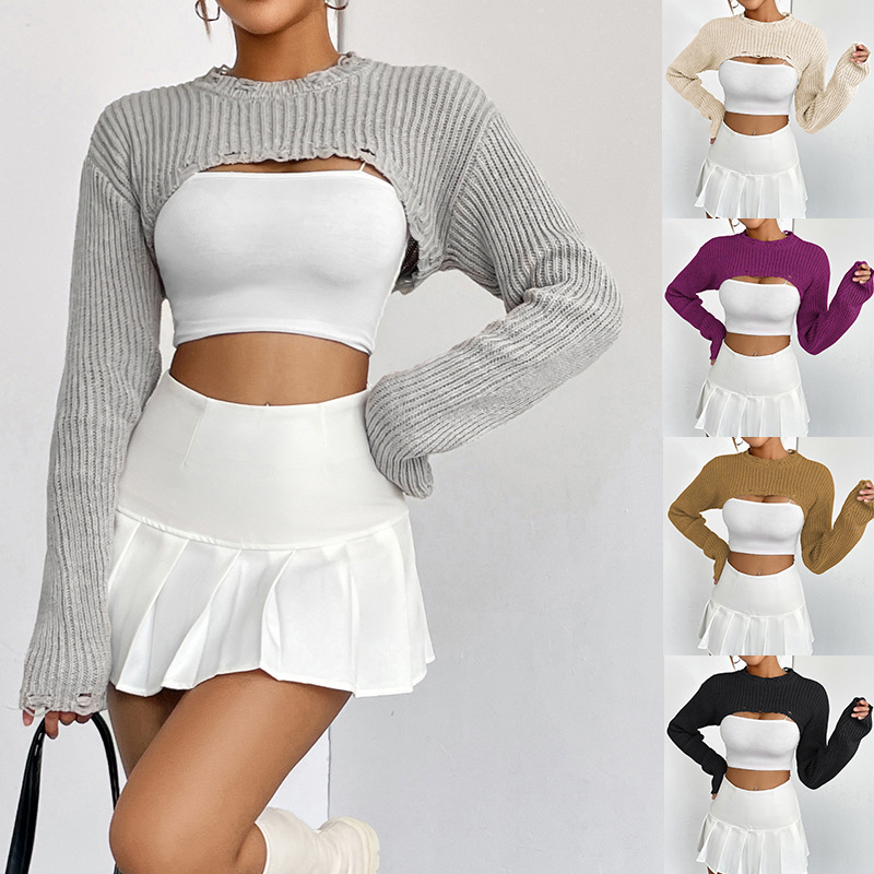Women's Cropped Knit Pullover Top - Crew Neck Long Sleeve Solid Color