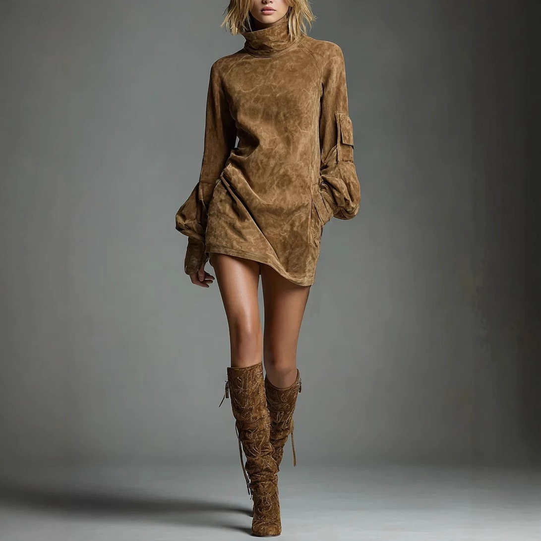 Faux Suede High Neck Long Sleeve Mini Dress with Pockets