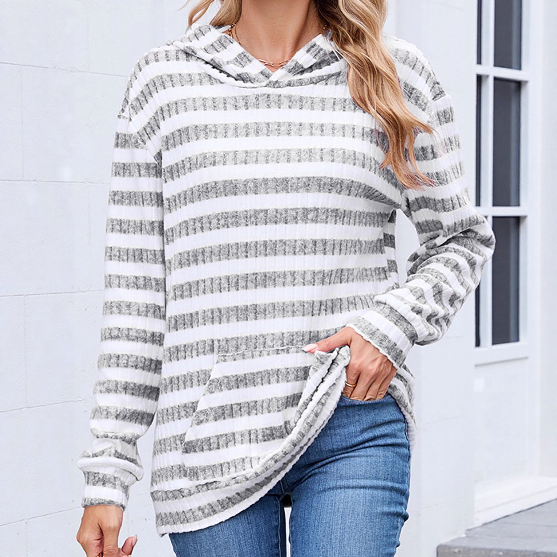 Striped Hooded Pullover Sweatshirt with Pockets Women's Loose Long Sleeve