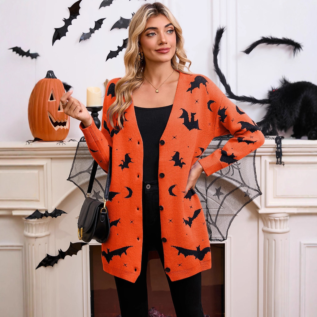 Halloween Bat Jacquard Long Sleeve Cardigan Sweater