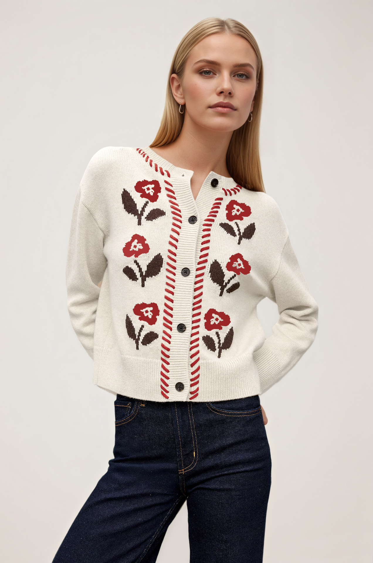 Floral Jacquard Knit Cardigan Women Round Neck Button Long Sleeve