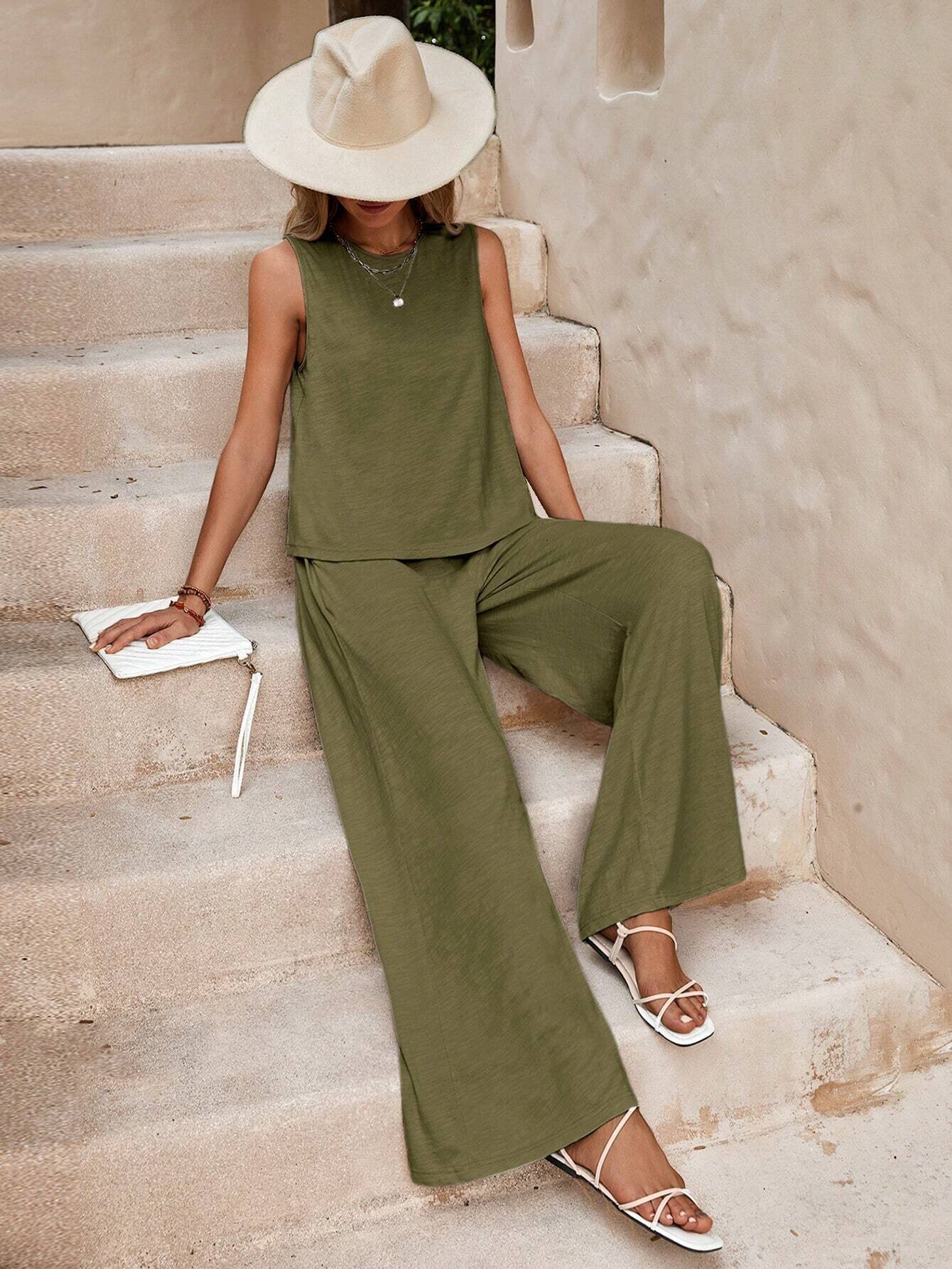 Women's Summer Two-Piece Cotton Set Casual Crewneck Pullover