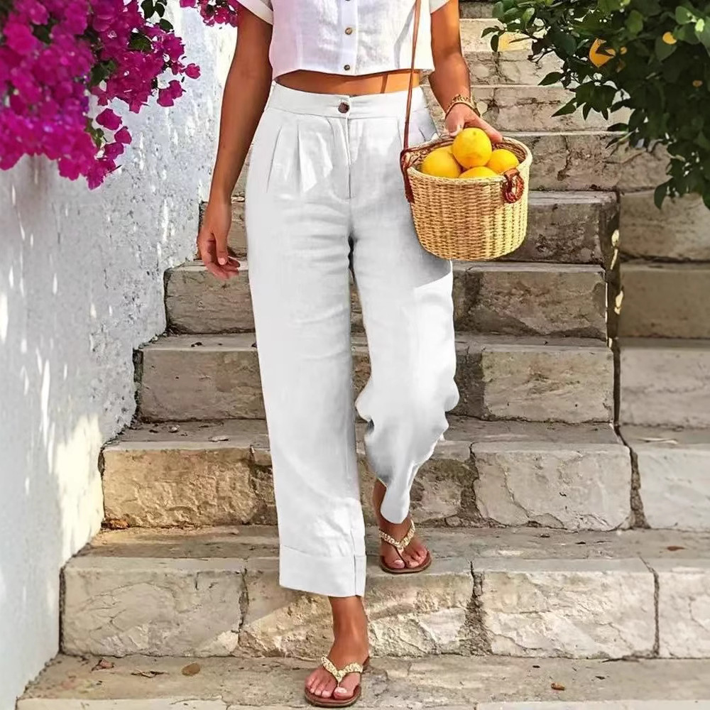 Women's Cotton Linen Straight-Leg Cropped Pants with Buttons
