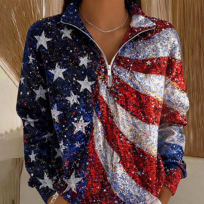 American Flag Star Print Half-Zip Hoodie for Women