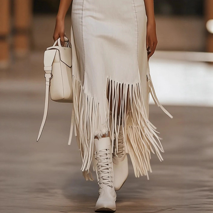 Retro Brown Embroidered White Denim Sleeveless Fringe Midi Dress