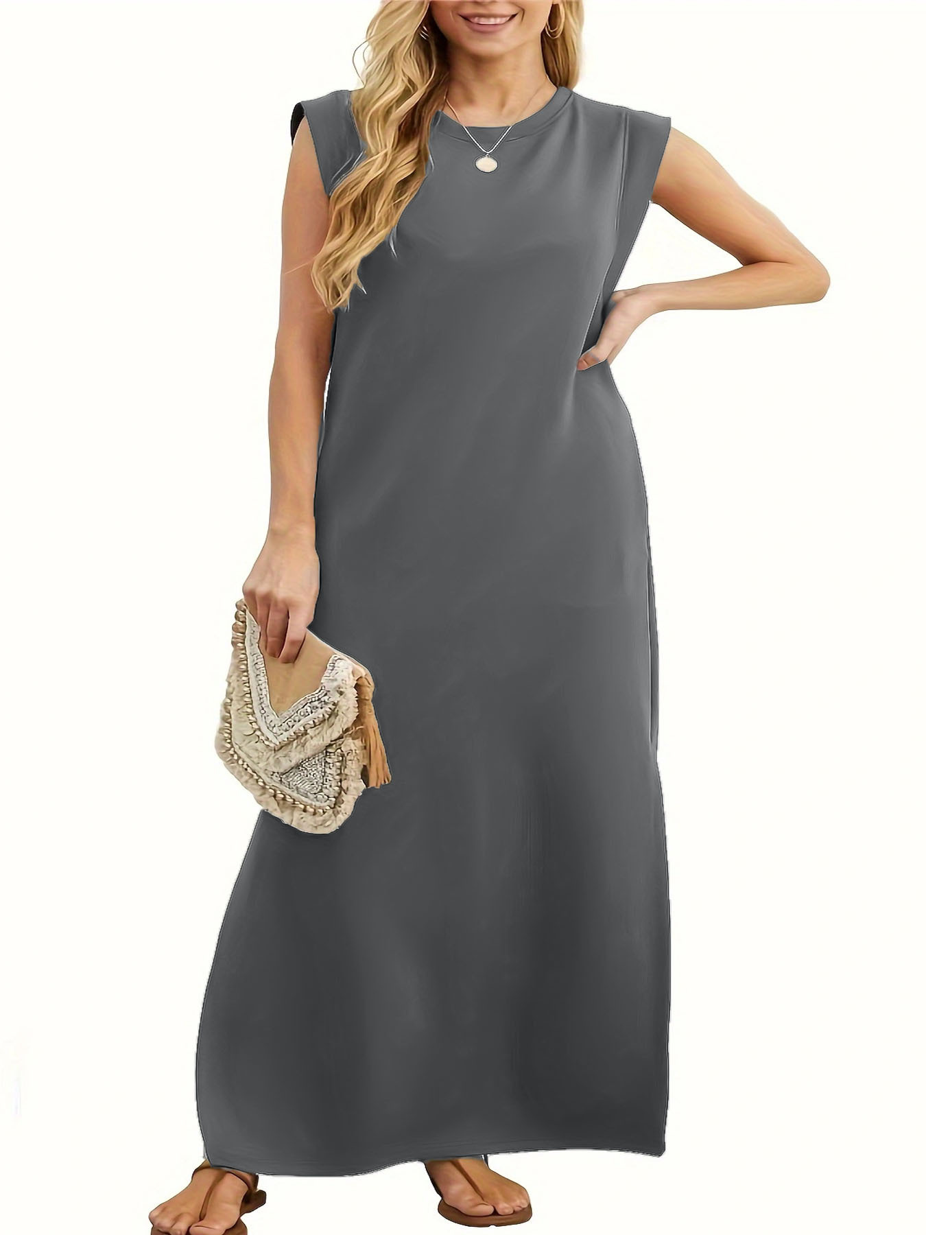 Women's Summer Pullover Plus Size Casual Round Neck A-Line Long Dress