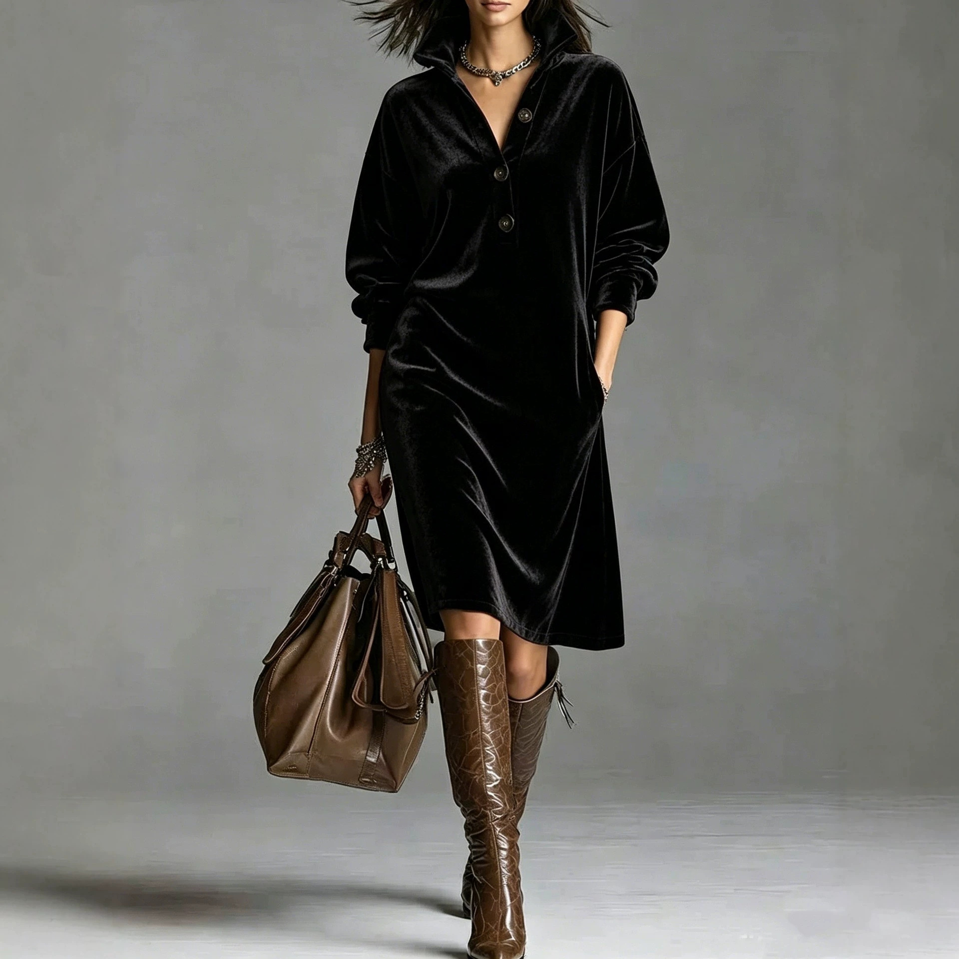 Velvet Collared Button-Front Loose Straight Midi Sweatshirt Dress
