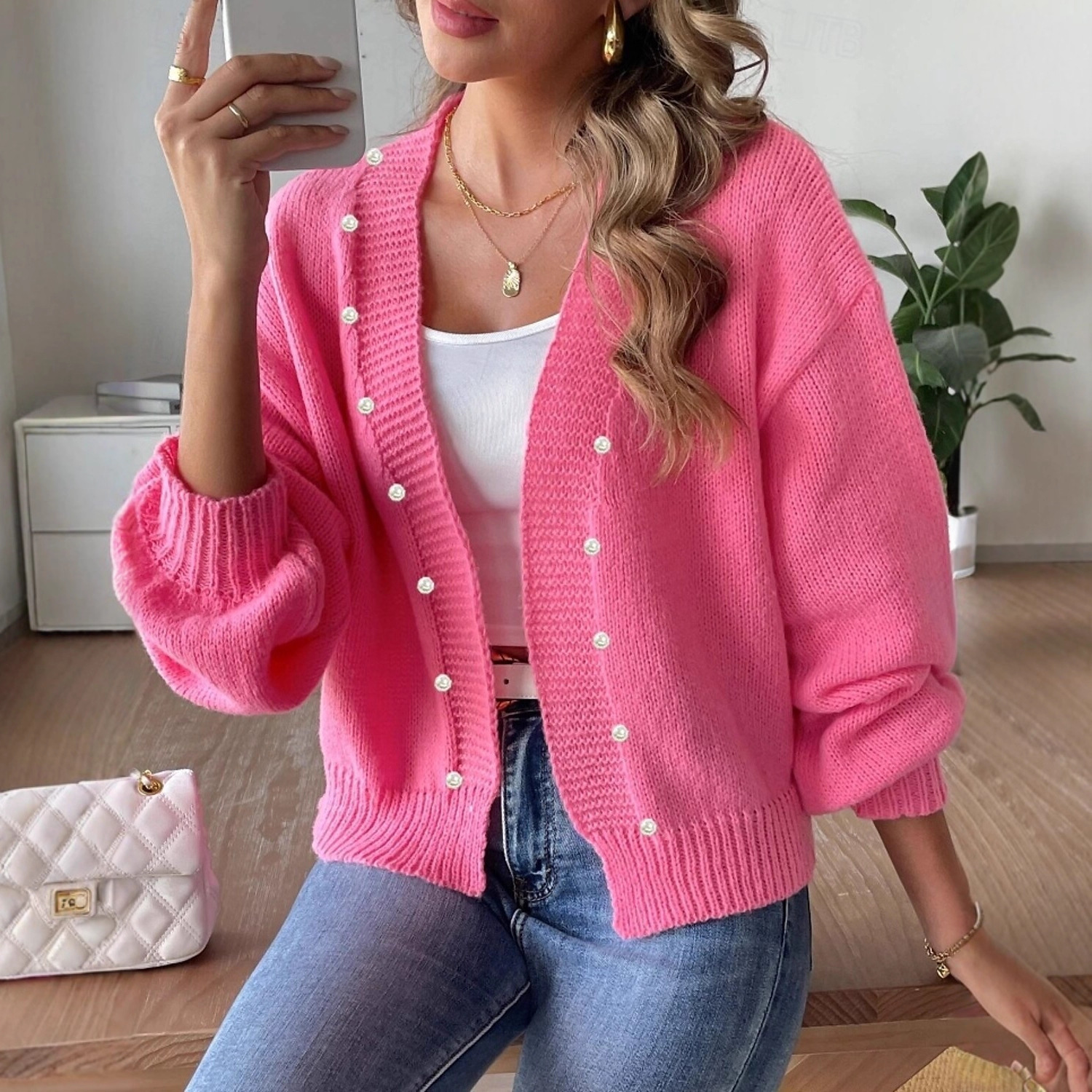 Pink Knit Cardigan for Women V-Neck Button-Up Long Sleeve