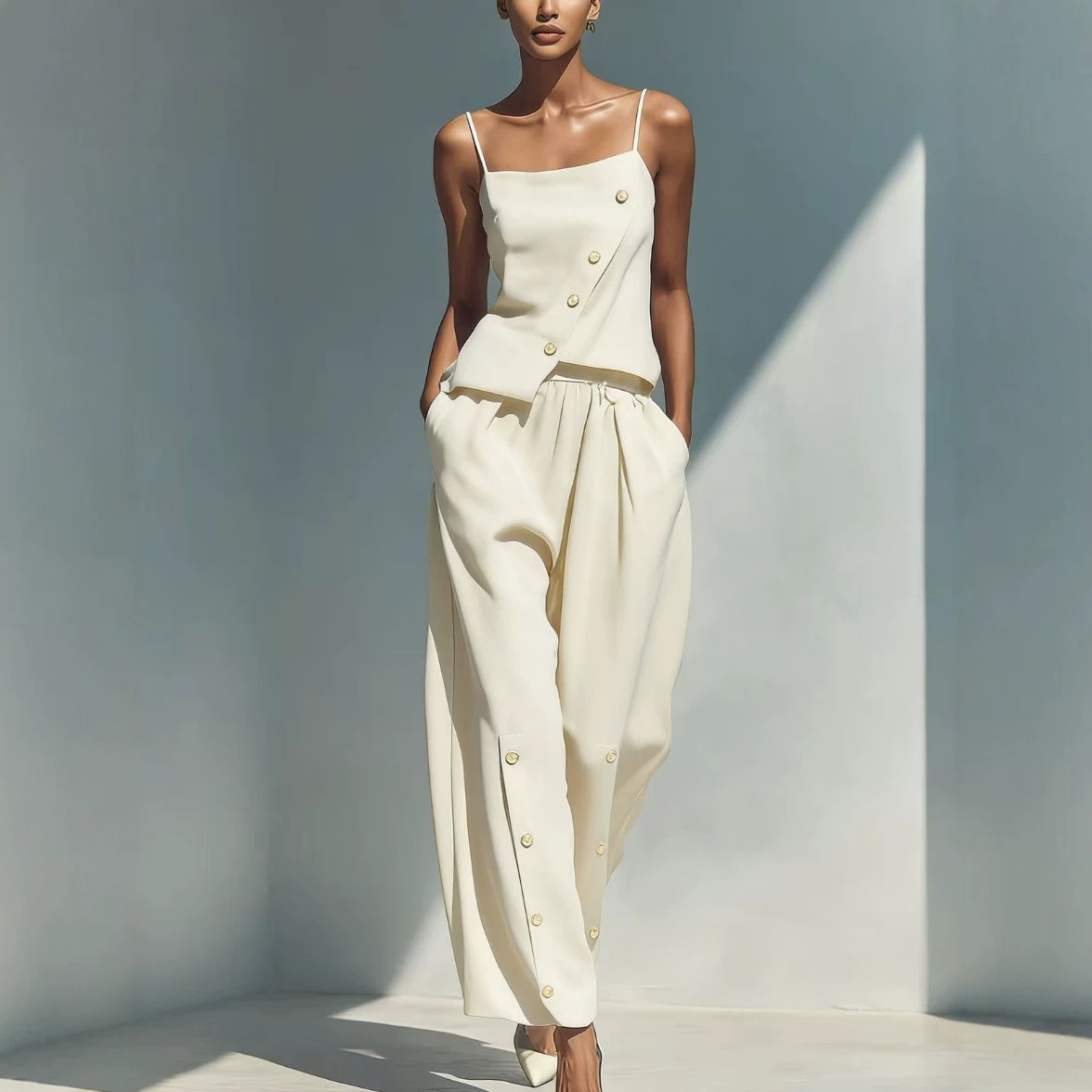 Women's Summer Linen Two-Piece Set Sleeveless Vest and Pants