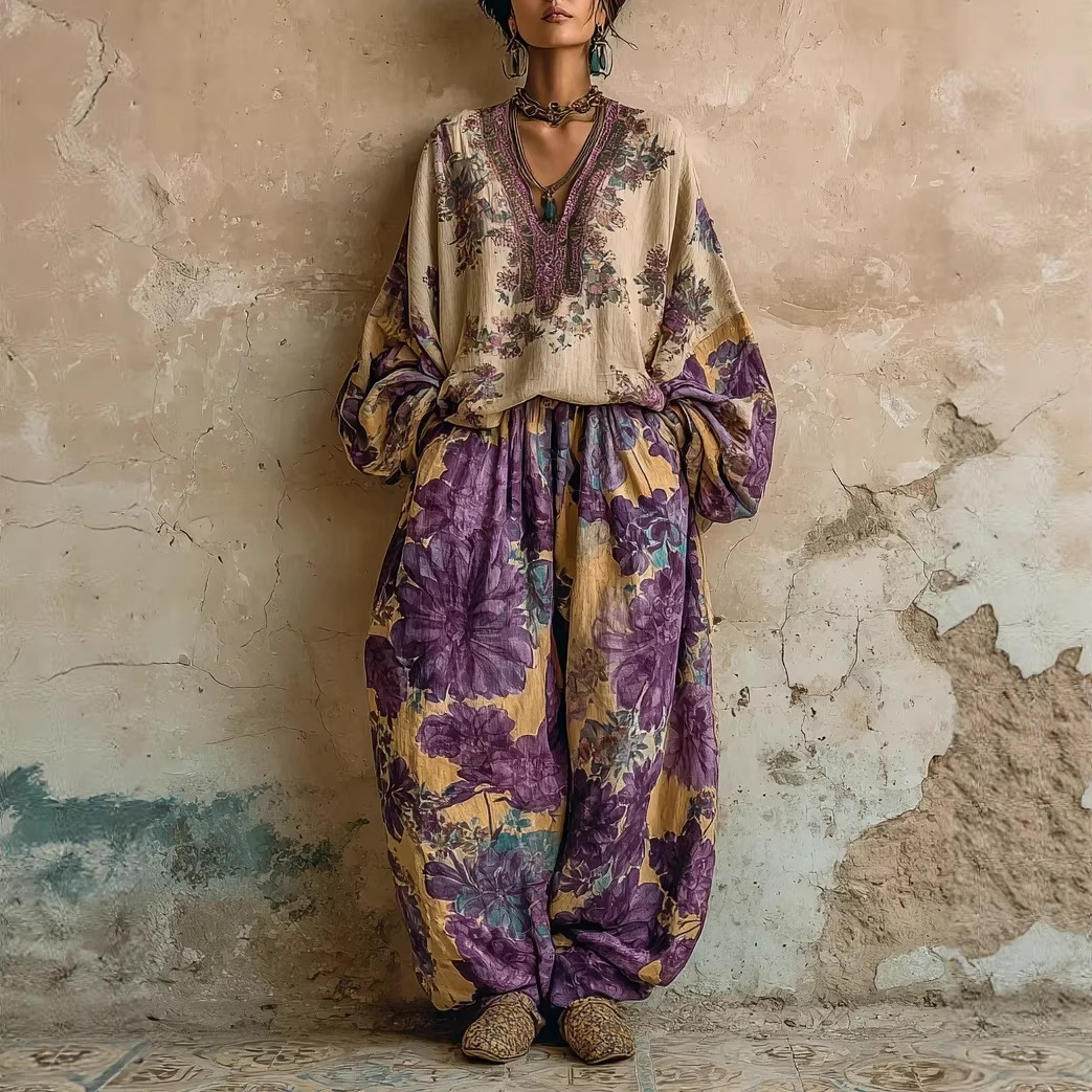 Retro Floral Print Long Sleeve Top and Pants Lounge Set