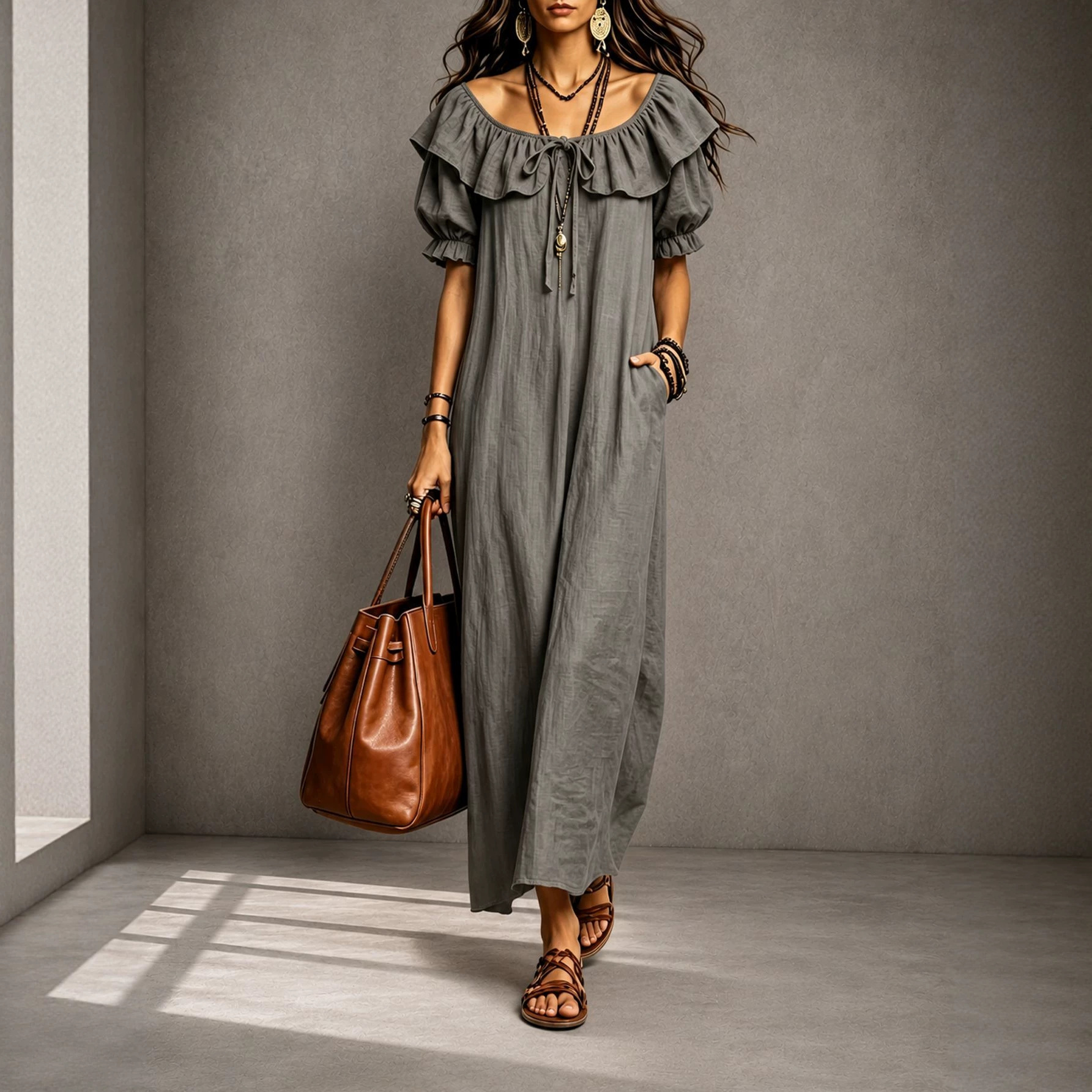 Ruffled Crew Neck A-Line Midi Dress for Beach Vacation