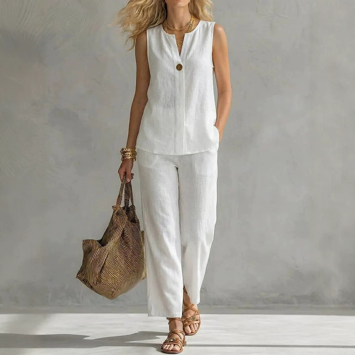 Women's Sleeveless V-Neck Top and Pants Set Casual Solid Color
