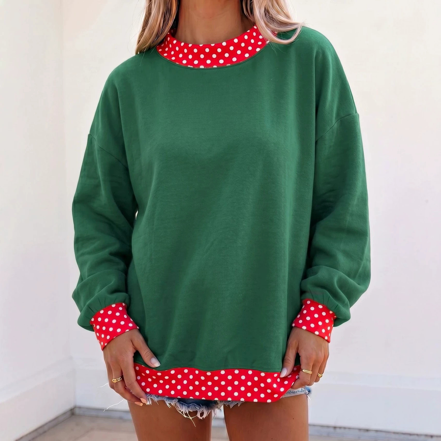 Color-Block Polka Dot Crewneck Loose Fit Women's Sweatshirt