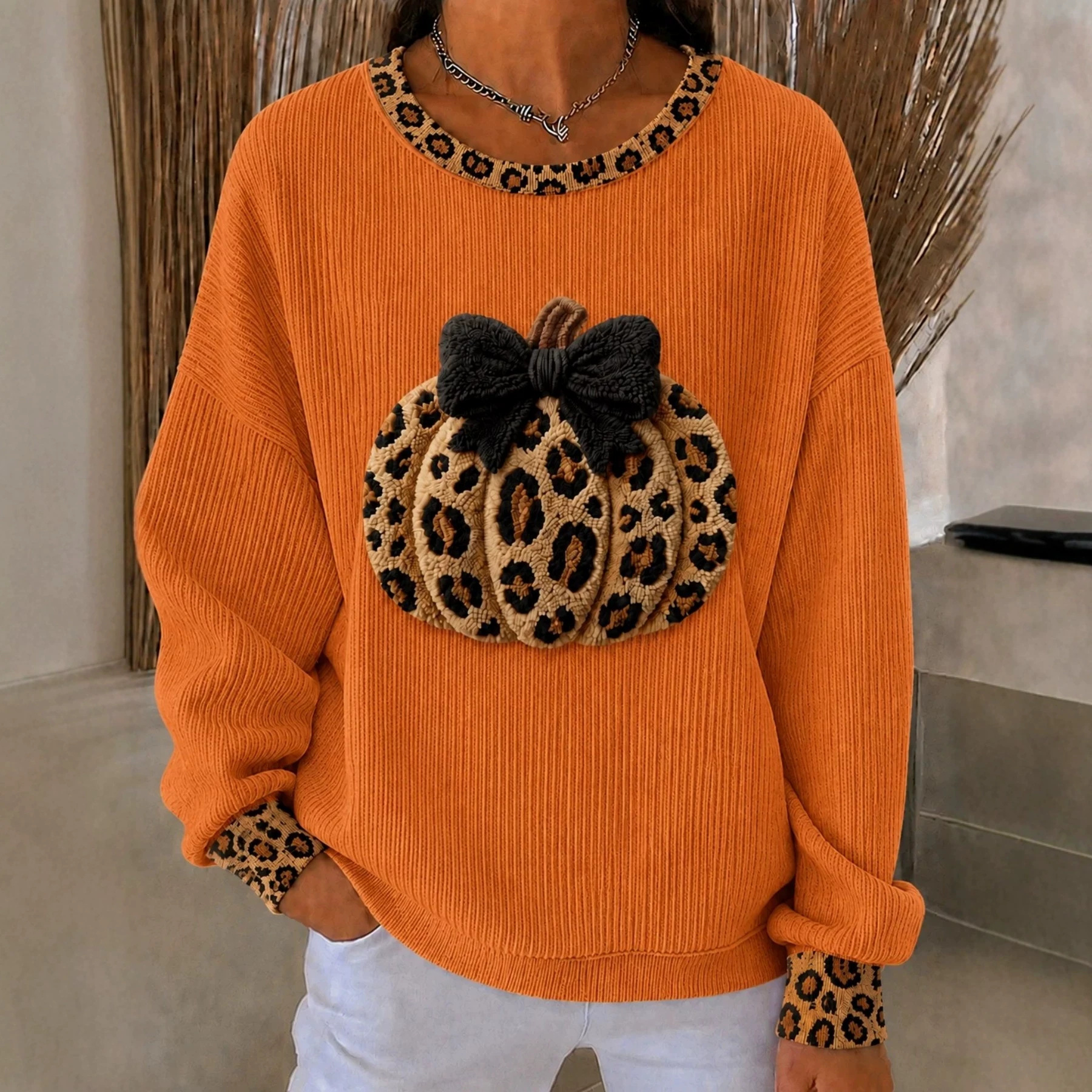 Pumpkin Leopard Bow Print Crewneck Long-Sleeve Women's Sweatshirt