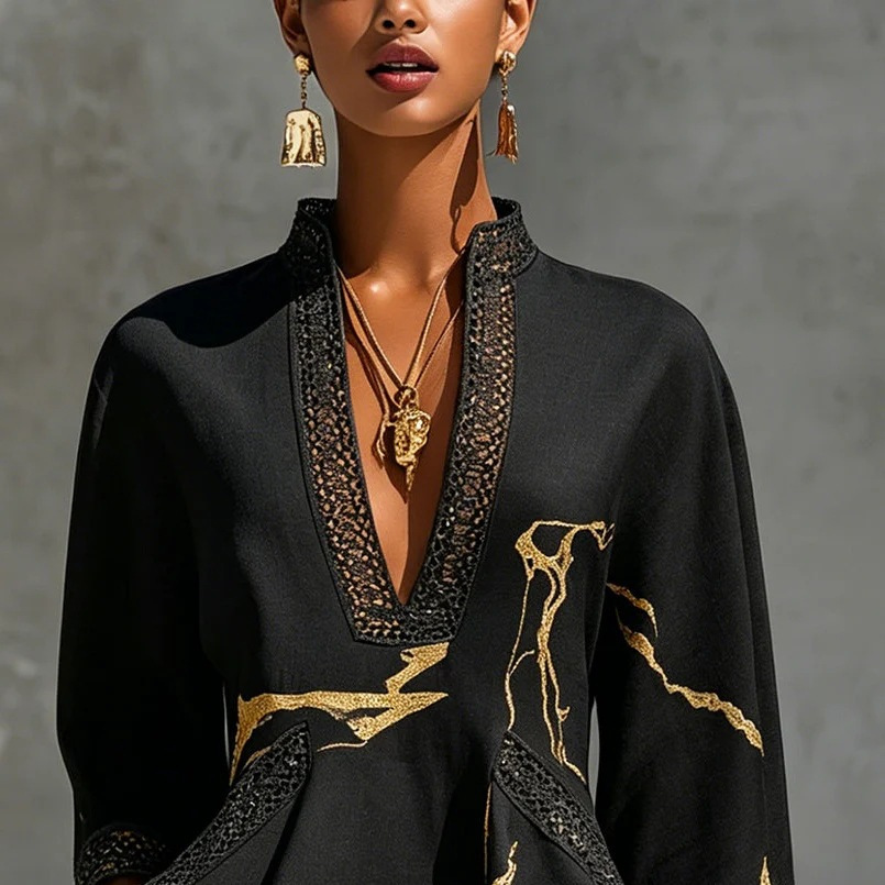 Navy Gold Abstract Print V-Neck Lace Trim 3/4 Sleeve Loose Cotton-Linen Short Dress
