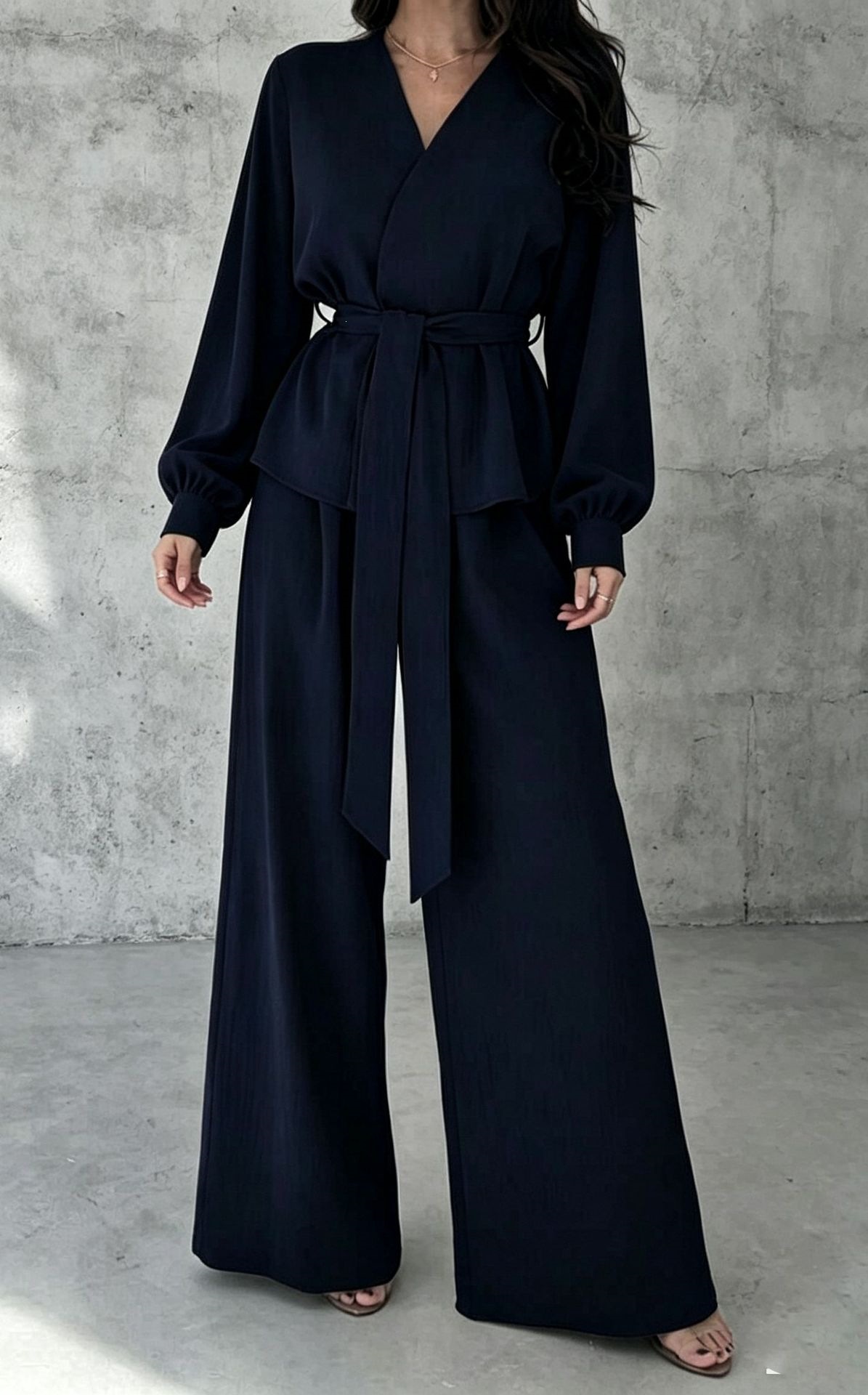 V-Neck Tie-Front Long-Sleeve Wide-Leg Two-Piece Set