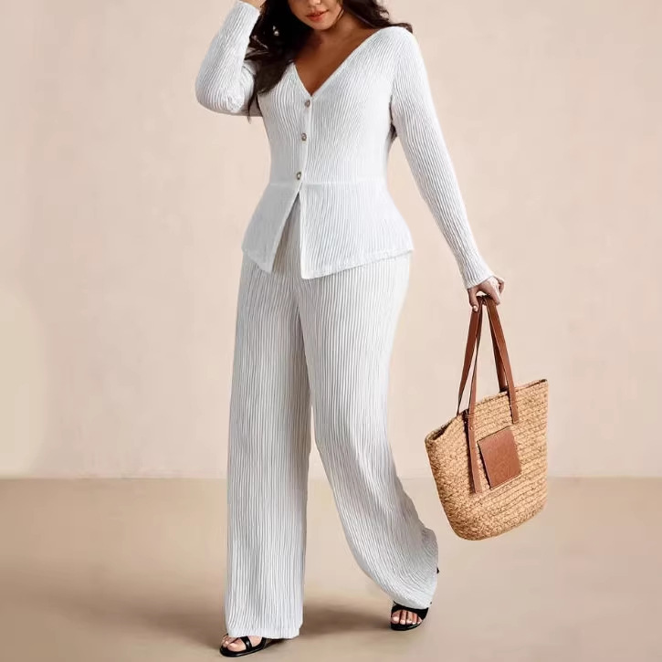 Women's Long Sleeve Ruched Top and High Waist Wide Leg Pants Two-Piece Set