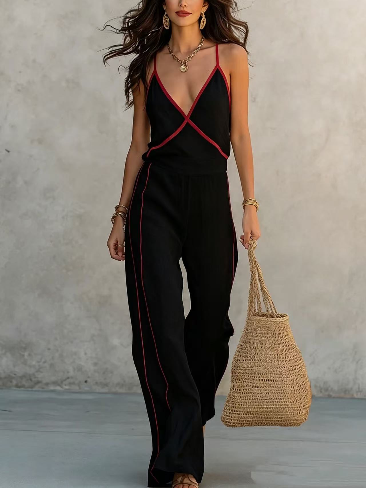 Spaghetti Strap Wide-Leg Pants Set with Contrast Trim