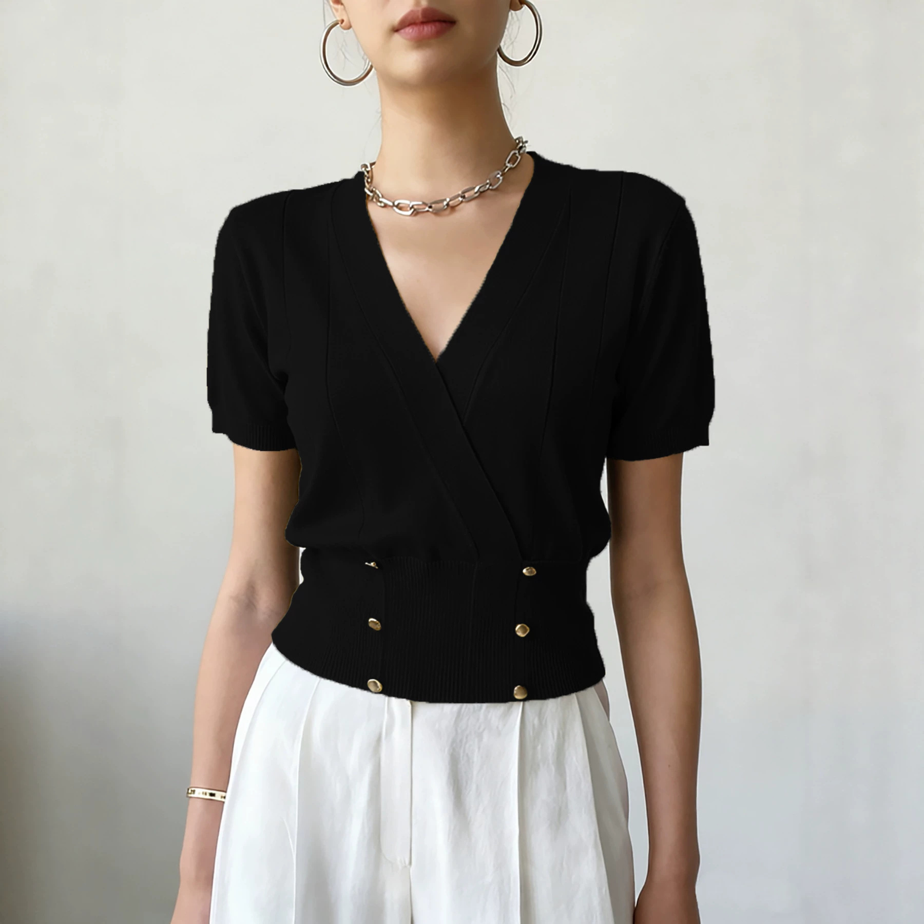Women's Knit Sweater with Cross V-Neck and Faux Button Waist
