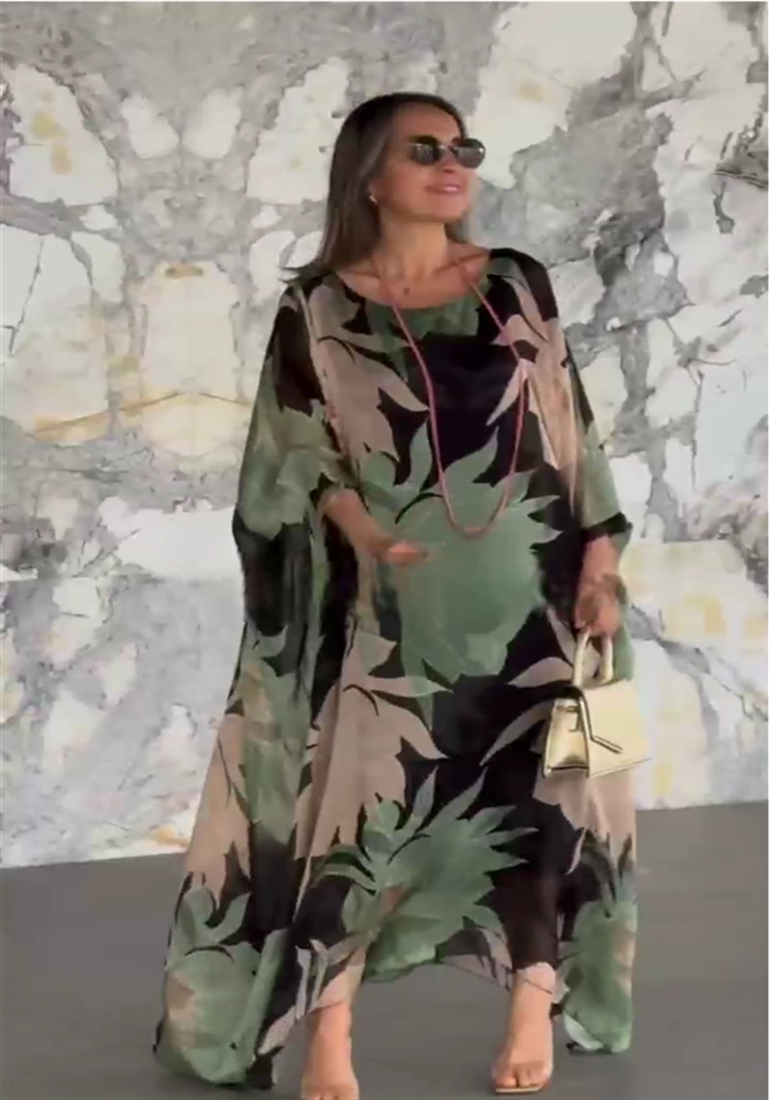 Floral Print Round Neck Long Sleeve A-Line Dress