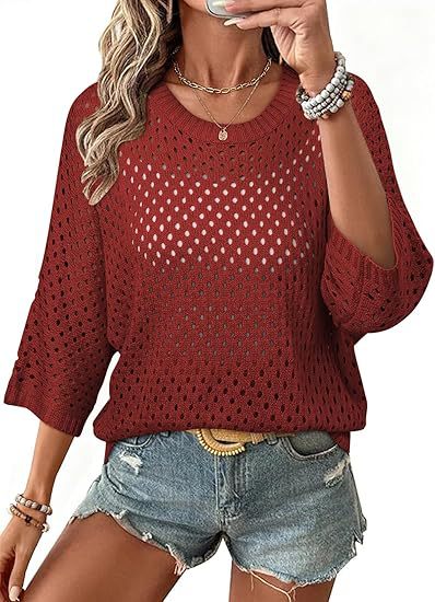 Solid Color Hollow-Out Crewneck Seven-Sleeve Knit Beach Cover-Up