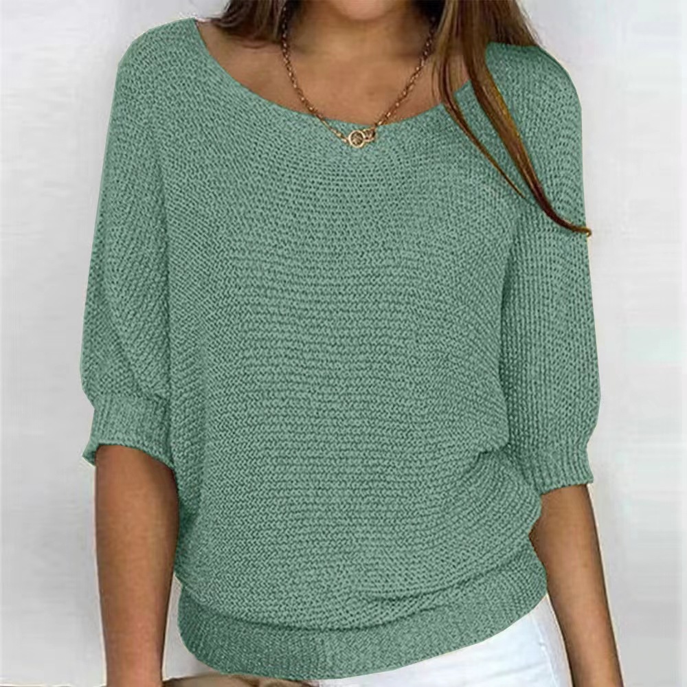 Women's Solid Crewneck Knit Top with Three-Quarter Sleeves