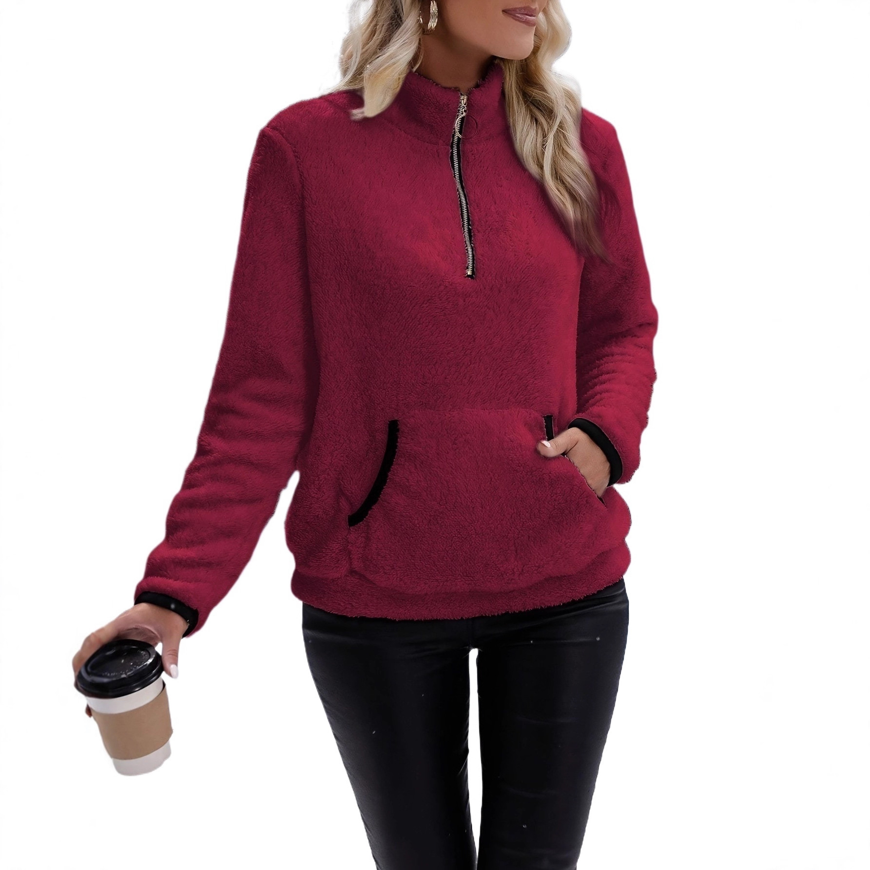 Women's Half-Turtleneck Zip Pocket Fleece Sweatshirt