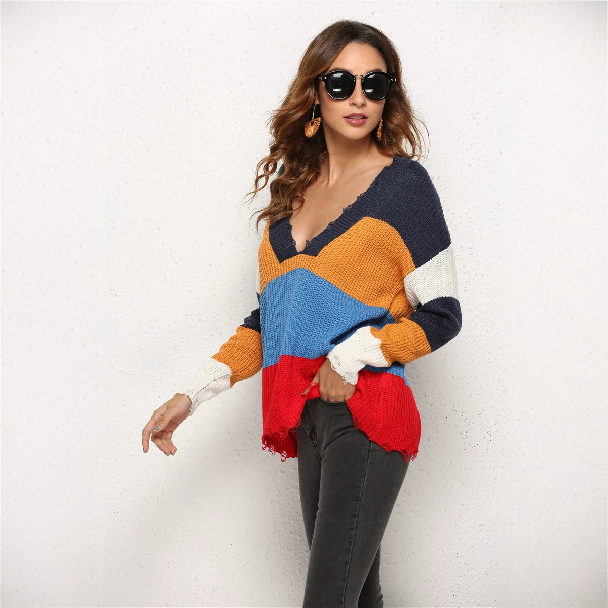Distressed Patchwork V-Neck Knit Sweater