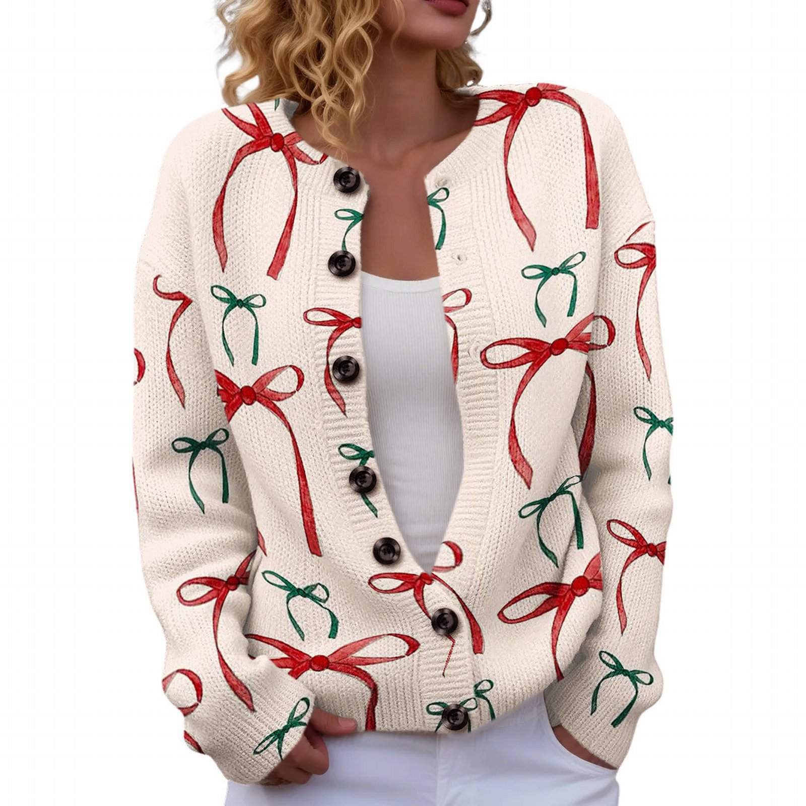 Women's Heart Ribbon Bow Cherry Print Cardigan