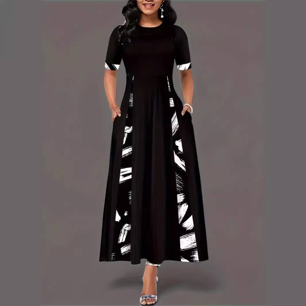 Color-Block Crew Neck Mid-Sleeve Irregular Long Dress