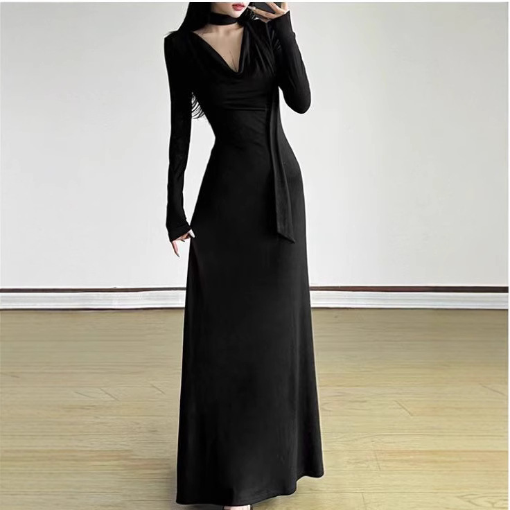 Off-Shoulder V-Neck Long-Sleeve Slimming Midi Dress