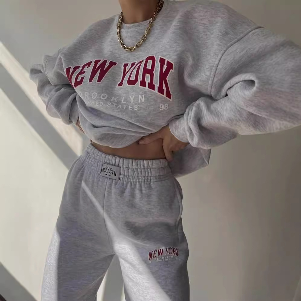 Women's Casual Print Fleece-Lined Sweatshirt and Pants Set