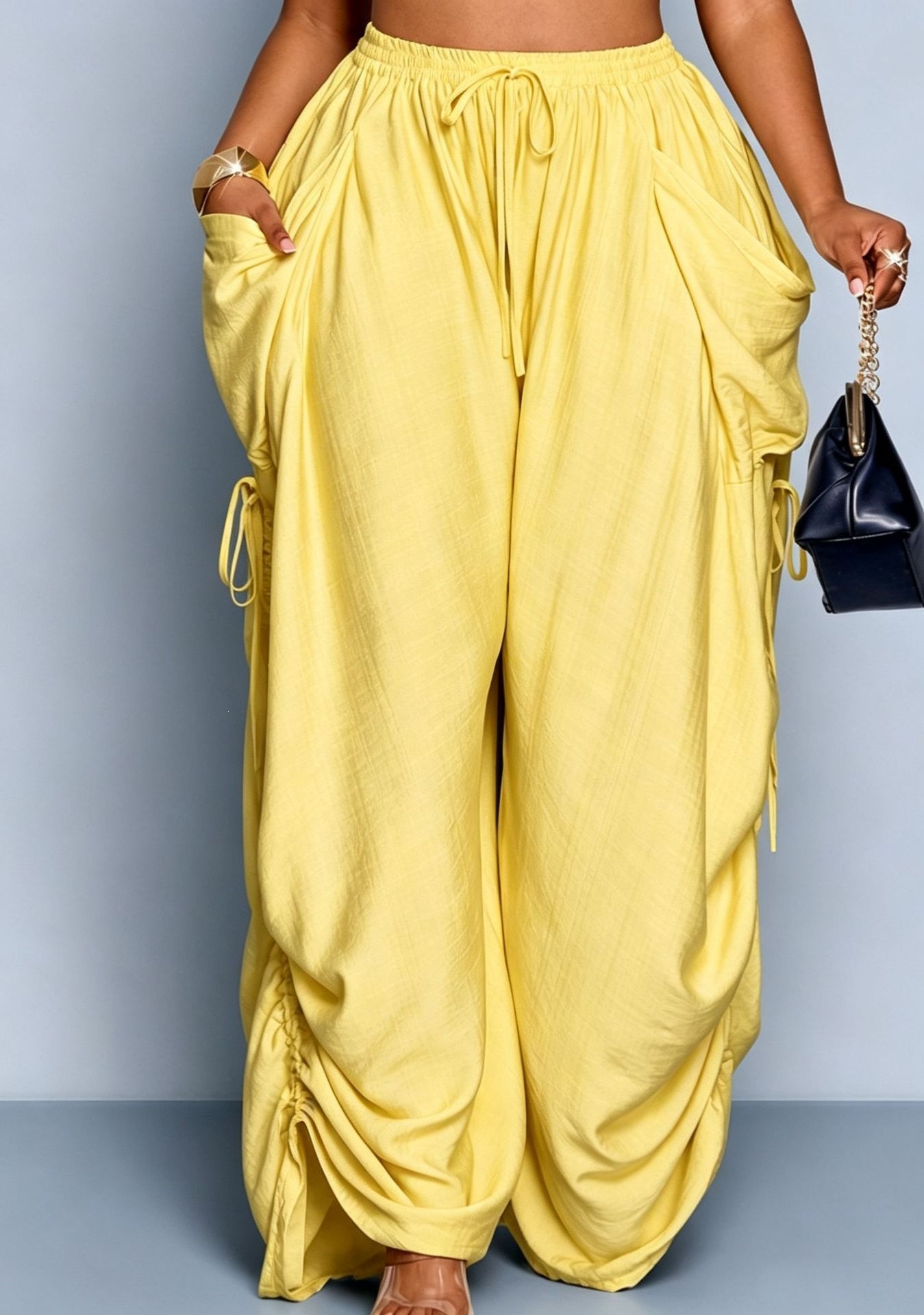 Women's High-Waist Harem Pants Cotton-Linen Drawstring Pockets Plus Size