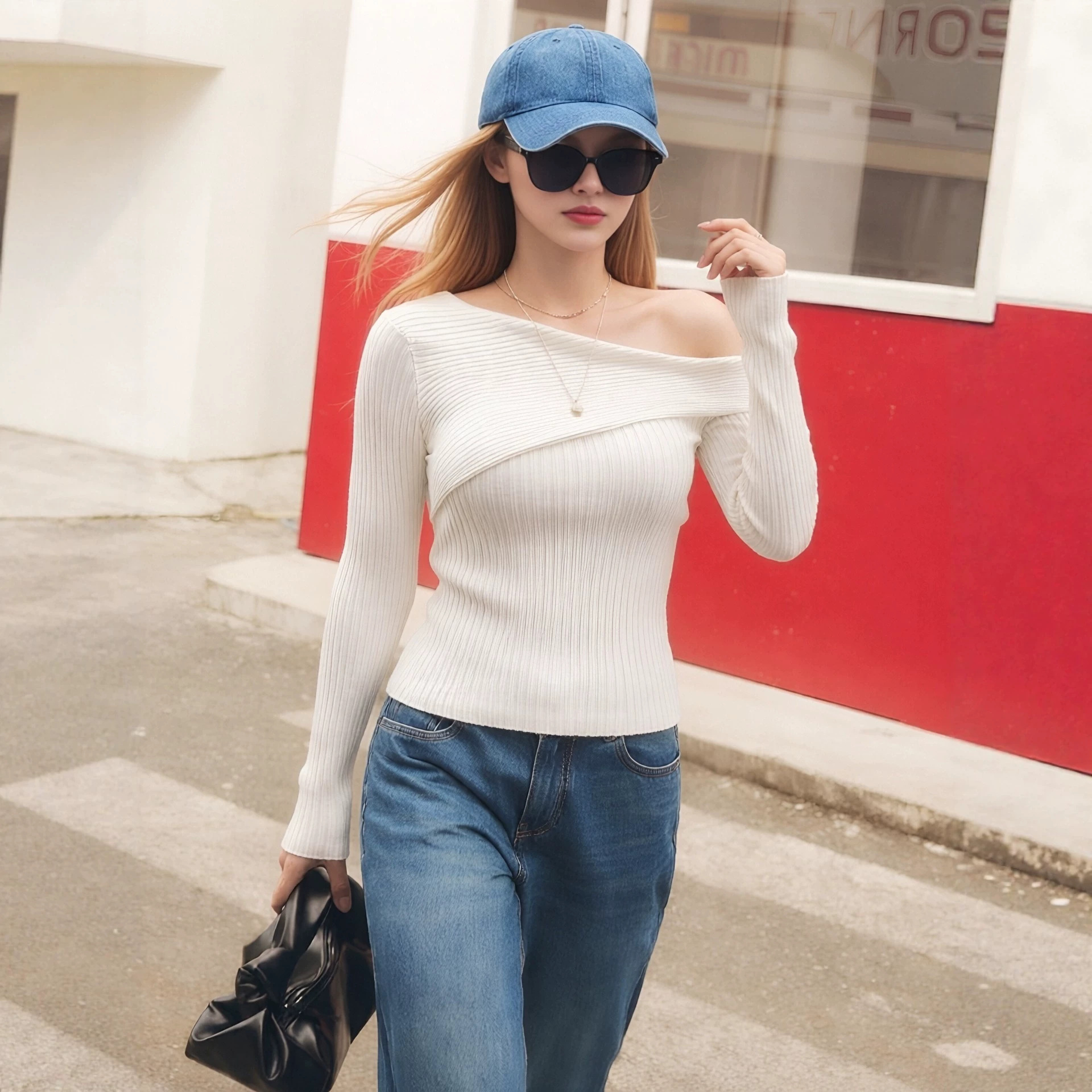 Off-Shoulder Ribbed Knit Top Slim Fit Long Sleeve